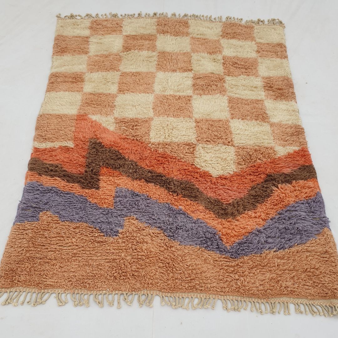 Dabachi | Checkered Moroccan Rug 6x9 Rust Pink Beni Ourain Ultra Soft | Authentic Berber wool Beni Rug | 6'92x9'45 Ft | 211x288 cm - OunizZ