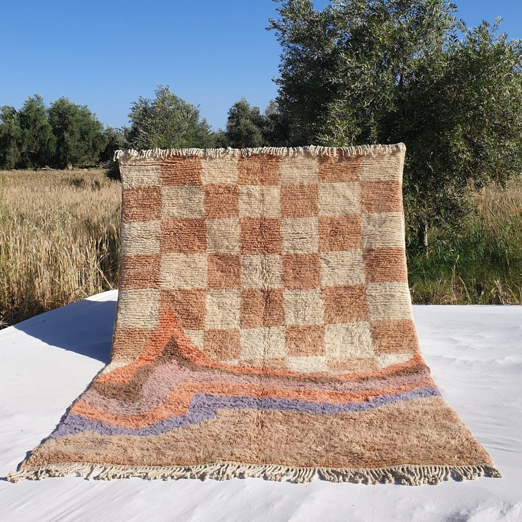 Dabachi | Checkered Moroccan Rug 7x9 Rust Pink Beni Ourain Ultra Soft | Authentic Berber wool Beni Rug | 7x9'90 Ft | 212x302 cm - OunizZ