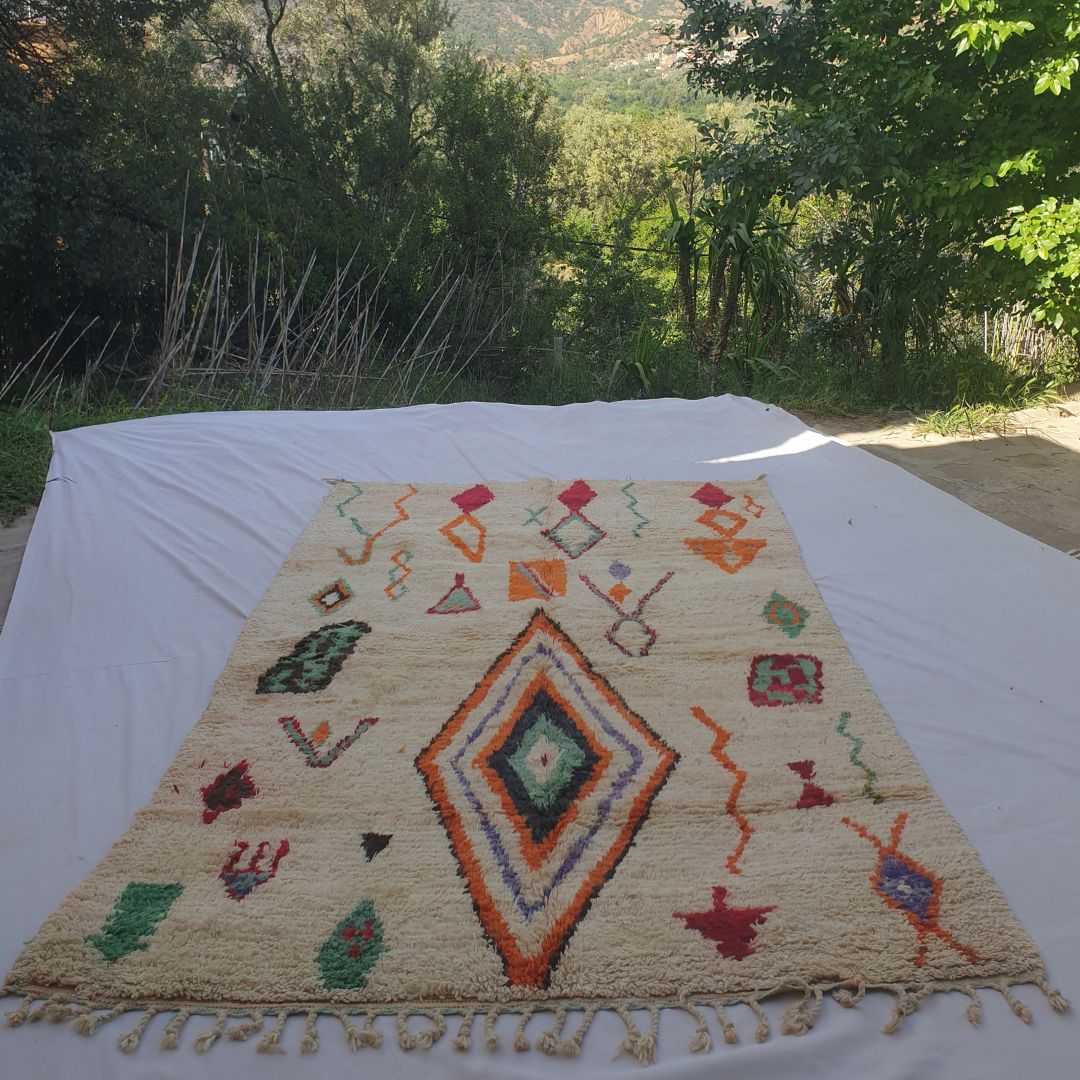 Dialca – 6x10 Moroccan Rug – Ivory Boujad Berber Handwoven Wool Carpet with Colourful Diamond Symbols | 6'2"x10'2" Ft | 190x310 cm - OunizZ