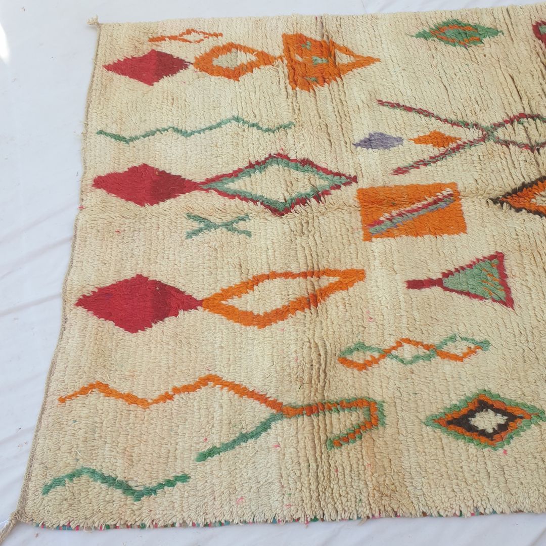 Dialca – 6x10 Moroccan Rug – Ivory Boujad Berber Handwoven Wool Carpet with Colourful Diamond Symbols | 6'2"x10'2" Ft | 190x310 cm - OunizZ