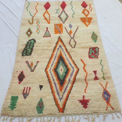 Dialca – 6x10 Moroccan Rug – Ivory Boujad Berber Handwoven Wool Carpet with Colourful Diamond Symbols | 6'2"x10'2" Ft | 190x310 cm - OunizZ