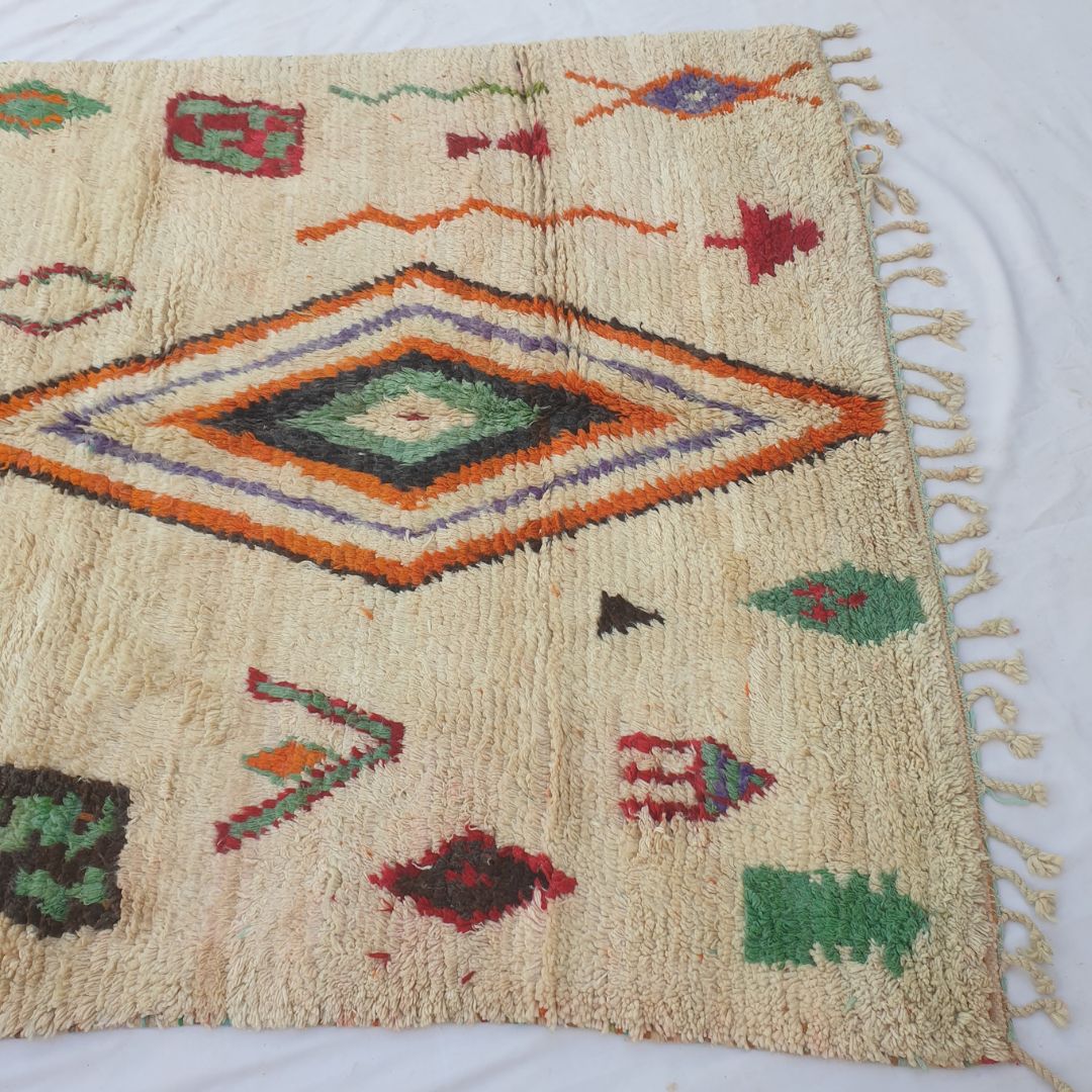 Lower half of Dialca Moroccan Berber rug with ivory cream field, large fringed border, scattered green leaf and cactus symbols, and colourful geometric accents in dense soft wool pile.
