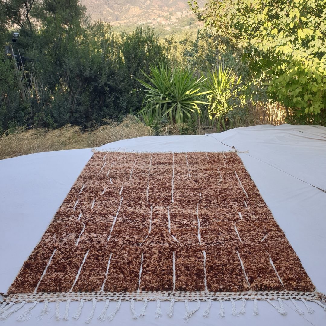 Doubbi | Beige Brown Beni Ourain 7x9 Moroccan Rug | Handmade Berber Wool Carpet | 7'x9'58 Ft | 213x292 cm - OunizZ