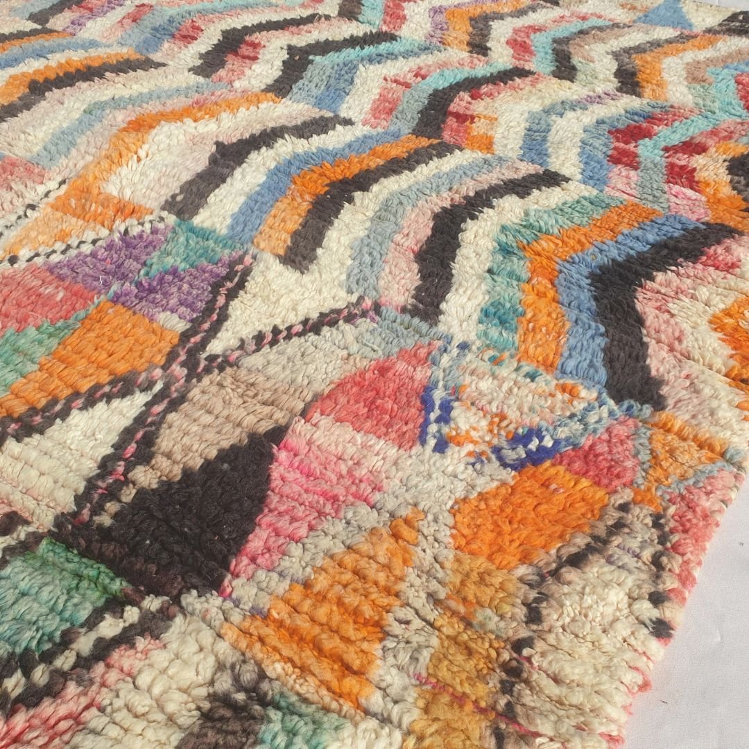 Dowelna - Colorful Moroccan Boujaad Rug with Chevron Bands and Diamond Lattice - Handwoven Berber Carpet | 6'8"x10' Ft | 204x306 cm - OunizZ
