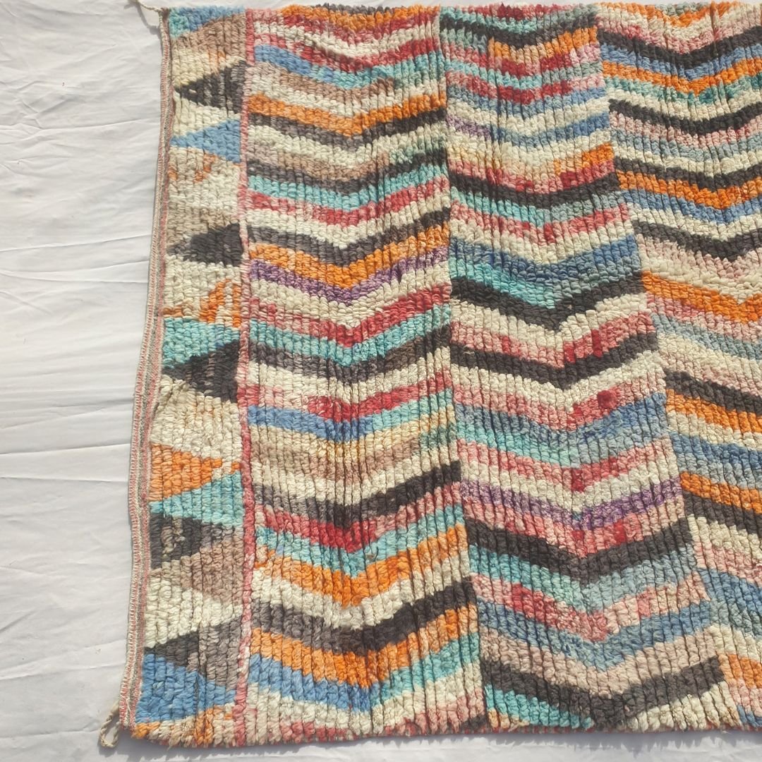 Dowelna - Colorful Moroccan Boujaad Rug with Chevron Bands and Diamond Lattice - Handwoven Berber Carpet | 6'8"x10' Ft | 204x306 cm - OunizZ