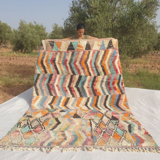Dowelna - Colorful Moroccan Boujaad Rug with Chevron Bands and Diamond Lattice - Handwoven Berber Carpet | 6'8"x10' Ft | 204x306 cm - OunizZ