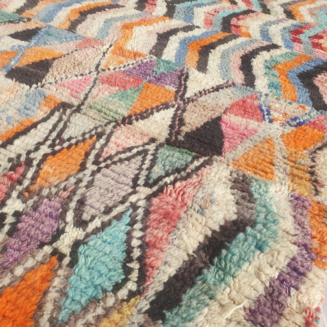 Dowelna - Colorful Moroccan Boujaad Rug with Chevron Bands and Diamond Lattice - Handwoven Berber Carpet | 6'8"x10' Ft | 204x306 cm - OunizZ