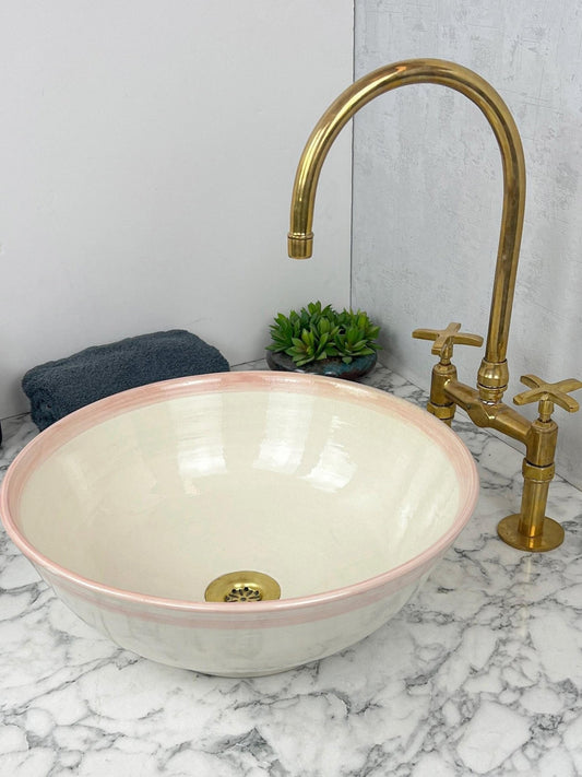 Errachidia - White Ceramic Bathroom Sink with Salmon Pink Rim – Elegant, Customizable, Handcrafted and Lead - Free - (ETMMT) - OunizZ