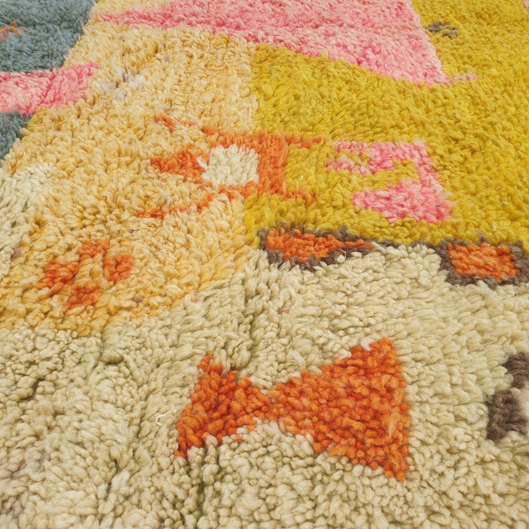Faycha - Green & Mustard Moroccan Rug with Pictorial Abstract Design - Handwoven Berber Carpet | 6'4"x10'1" Ft | 193x308 cm - OunizZ