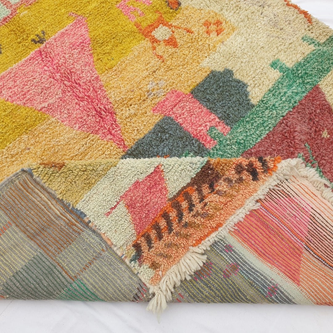 Faycha - Green & Mustard Moroccan Rug with Pictorial Abstract Design - Handwoven Berber Carpet | 6'4"x10'1" Ft | 193x308 cm - OunizZ