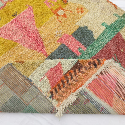 Faycha - Green & Mustard Moroccan Rug with Pictorial Abstract Design - Handwoven Berber Carpet | 6'4"x10'1" Ft | 193x308 cm - OunizZ