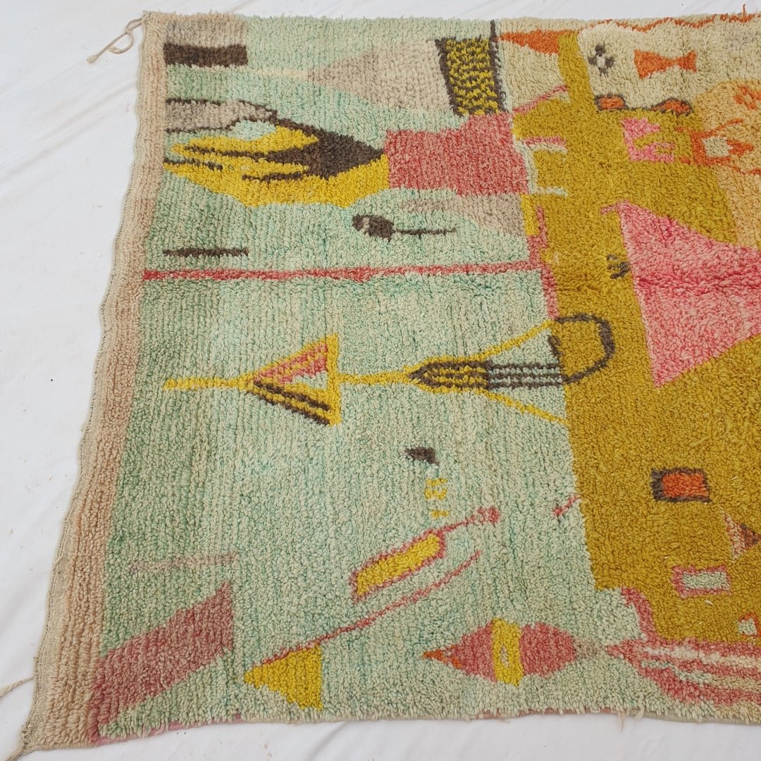 Faycha - Green & Mustard Moroccan Rug with Pictorial Abstract Design - Handwoven Berber Carpet | 6'4"x10'1" Ft | 193x308 cm - OunizZ