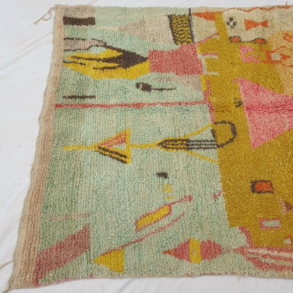 Faycha - Green & Mustard Moroccan Rug with Pictorial Abstract Design - Handwoven Berber Carpet | 6'4"x10'1" Ft | 193x308 cm - OunizZ