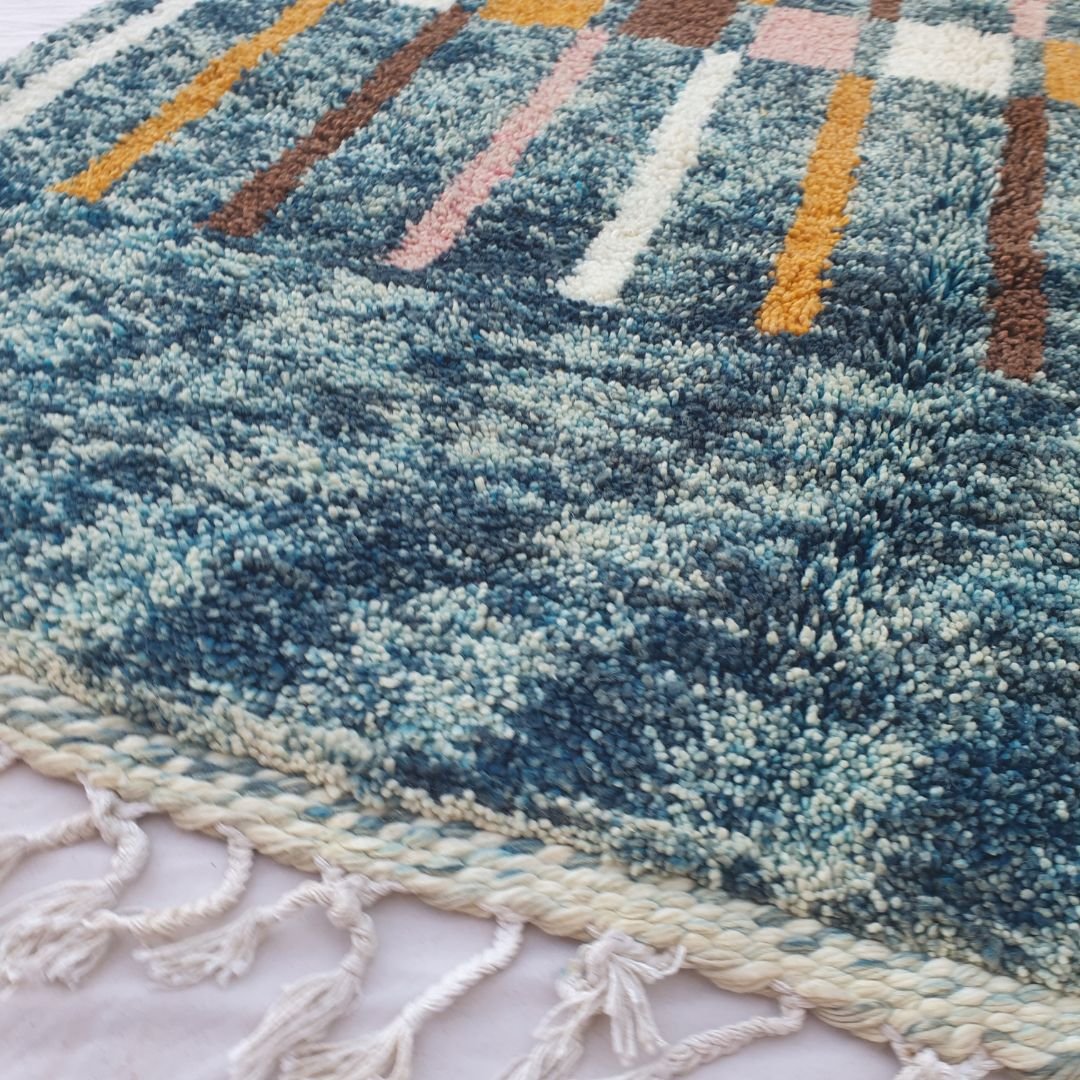 Felata| Vibrant Blue Abstract Beni Ourain Shag Rug 6x10 ft - Handwoven Moroccan Wool Berber Carpet with Pink & Orange Accents | 6'79x10' Ft | 207x306 cm - OunizZ