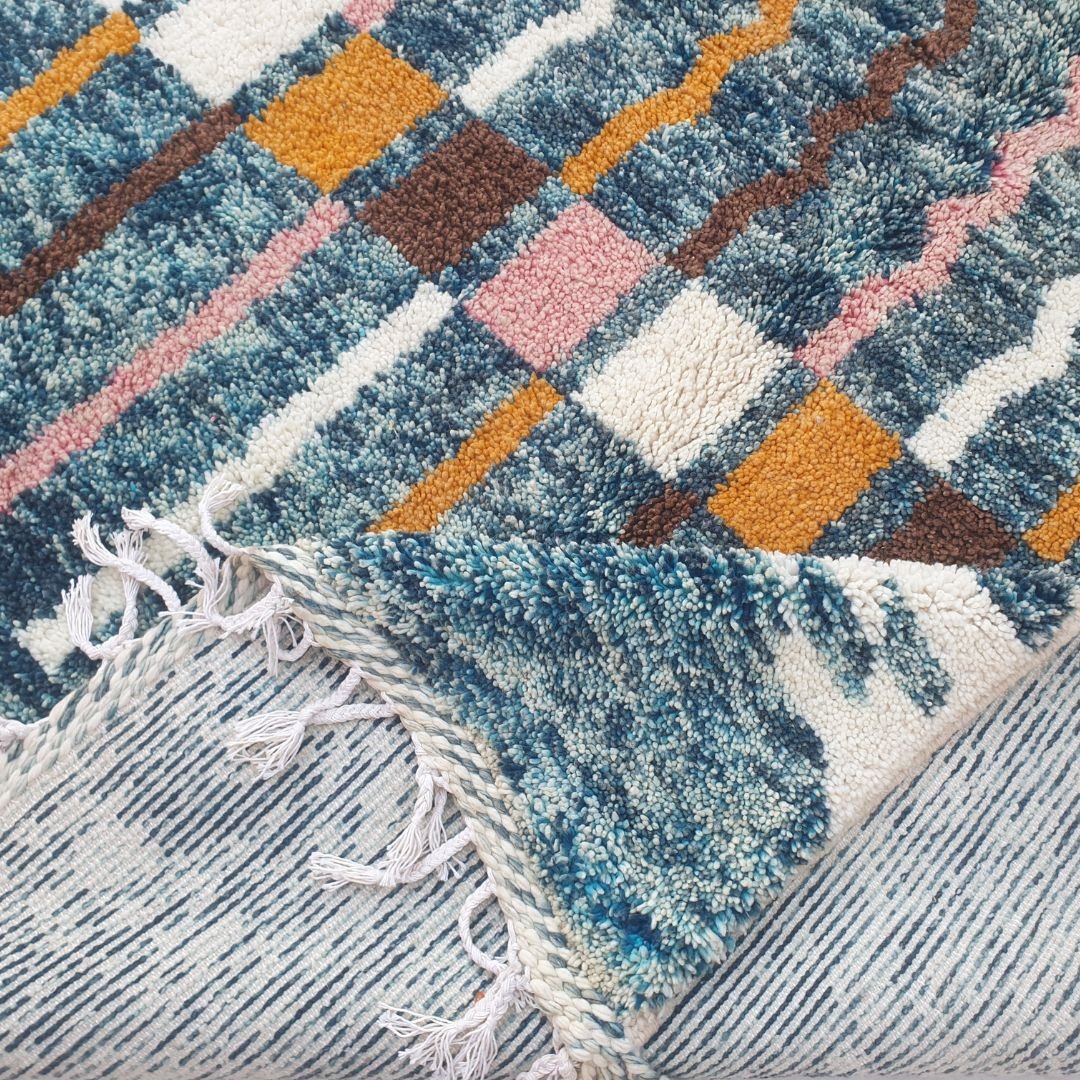 Felata| Vibrant Blue Abstract Beni Ourain Shag Rug 6x10 ft - Handwoven Moroccan Wool Berber Carpet with Pink & Orange Accents | 6'79x10' Ft | 207x306 cm - OunizZ