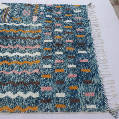 Felata| Vibrant Blue Abstract Beni Ourain Shag Rug 6x10 ft - Handwoven Moroccan Wool Berber Carpet with Pink & Orange Accents | 6'79x10' Ft | 207x306 cm - OunizZ