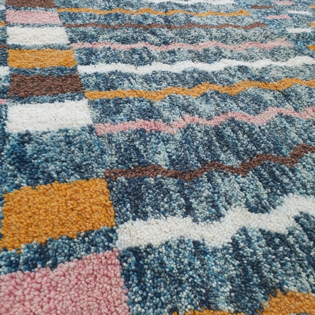 Felata| Vibrant Blue Abstract Beni Ourain Shag Rug 6x10 ft - Handwoven Moroccan Wool Berber Carpet with Pink & Orange Accents | 6'79x10' Ft | 207x306 cm - OunizZ