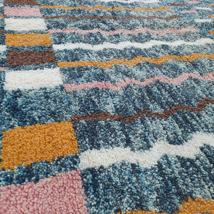 Felata| Vibrant Blue Abstract Beni Ourain Shag Rug 6x10 ft - Handwoven Moroccan Wool Berber Carpet with Pink & Orange Accents | 6'79x10' Ft | 207x306 cm - OunizZ