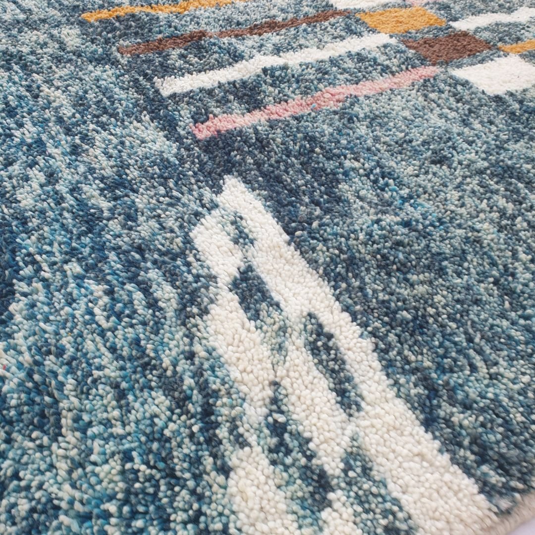 Felata| Vibrant Blue Abstract Beni Ourain Shag Rug 6x10 ft - Handwoven Moroccan Wool Berber Carpet with Pink & Orange Accents | 6'79x10' Ft | 207x306 cm - OunizZ