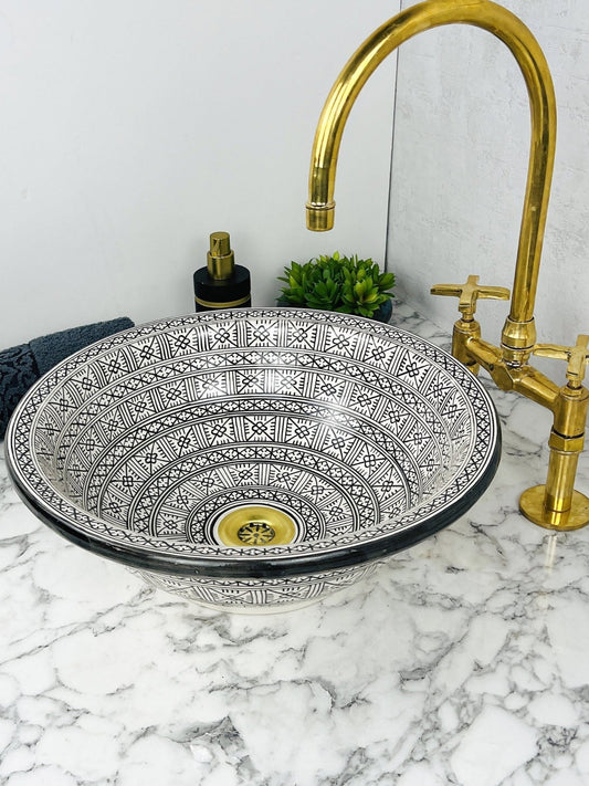 Figuig - Moroccan Black & White Ceramic Bathroom Sink – Elegant, Customizable, Handcrafted and Lead - Free - (ETMMT) - OunizZ