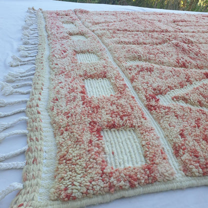 Flagha | Luxury Pastel Red Beni Ourain Shag Rug 7x10 ft - Handwoven Moroccan Wool Berber Carpet for Bedroom | 7'02x10' Ft | 214x304 cm - OunizZ