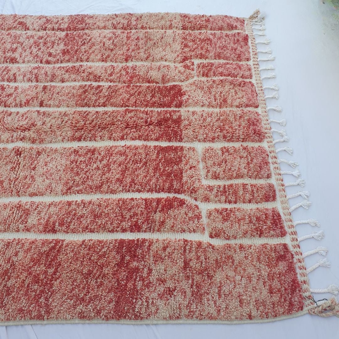 Flagha | Luxury Pastel Red Beni Ourain Shag Rug 7x10 ft - Handwoven Moroccan Wool Berber Carpet for Bedroom | 7'02x10' Ft | 214x304 cm - OunizZ