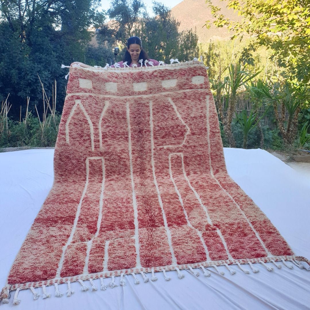 Flagha | Luxury Pastel Red Beni Ourain Shag Rug 7x10 ft - Handwoven Moroccan Wool Berber Carpet for Bedroom | 7'02x10' Ft | 214x304 cm - OunizZ
