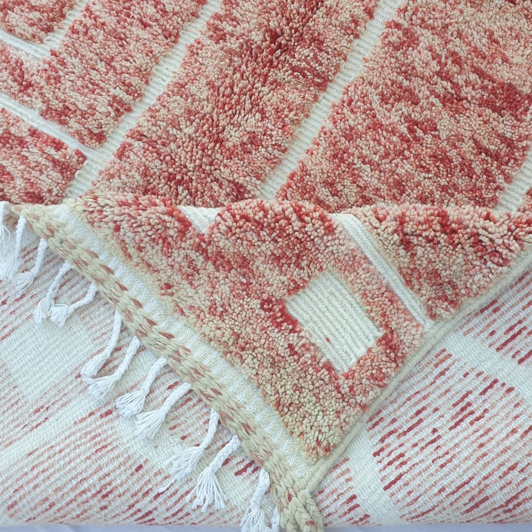 Flagha | Luxury Pastel Red Beni Ourain Shag Rug 7x10 ft - Handwoven Moroccan Wool Berber Carpet for Bedroom | 7'02x10' Ft | 214x304 cm - OunizZ
