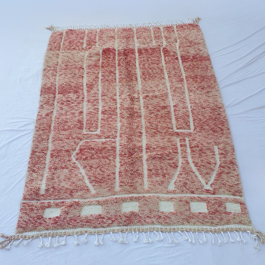 Flagha | Luxury Pastel Red Beni Ourain Shag Rug 7x10 ft - Handwoven Moroccan Wool Berber Carpet for Bedroom | 7'02x10' Ft | 214x304 cm - OunizZ