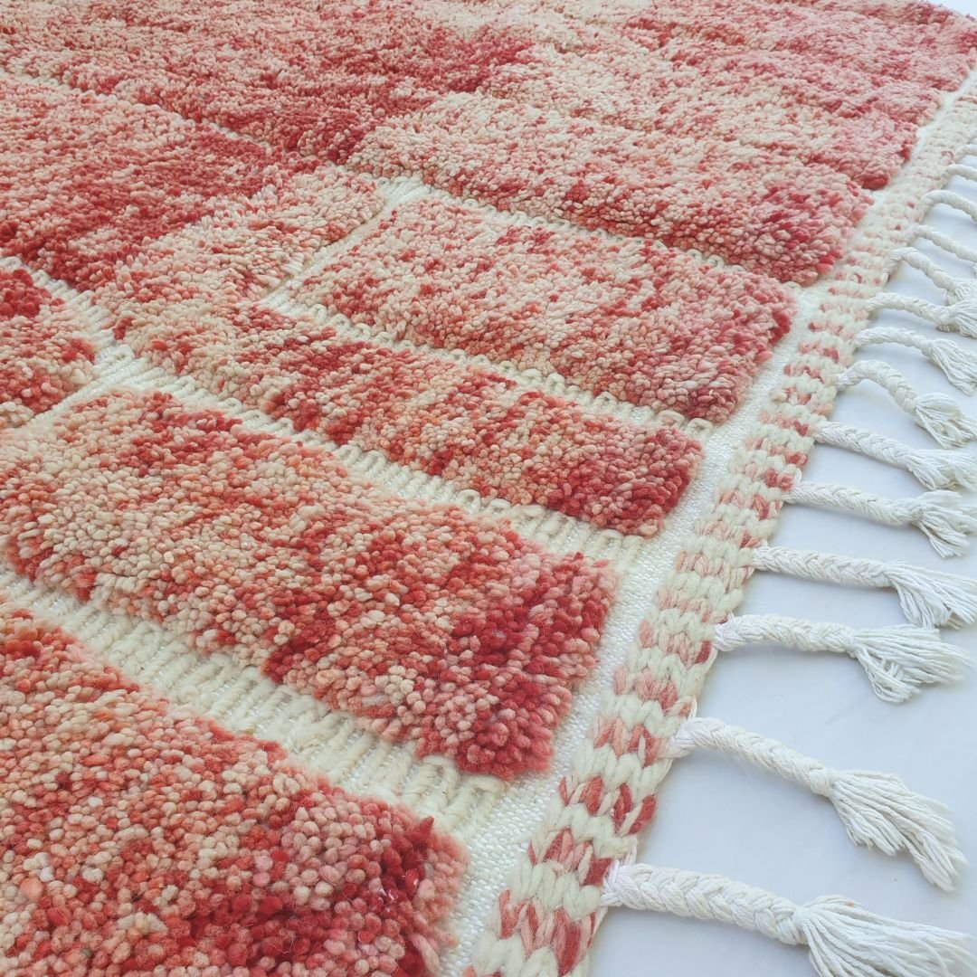 Flagha | Luxury Pastel Red Beni Ourain Shag Rug 7x10 ft - Handwoven Moroccan Wool Berber Carpet for Bedroom | 7'02x10' Ft | 214x304 cm - OunizZ