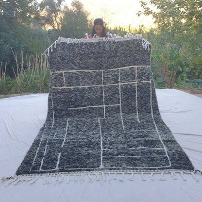 Frakha | Charcoal Black Geometric Beni Ourain Shag Rug 6x9 ft - Handwoven Moroccan Wool Berber Carpet for Modern Living Room | 6'66x9'74 Ft | 203x297 cm - OunizZ