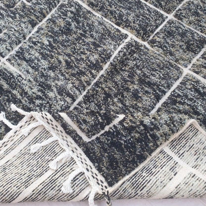 Frakha | Charcoal Black Geometric Beni Ourain Shag Rug 6x9 ft - Handwoven Moroccan Wool Berber Carpet for Modern Living Room | 6'66x9'74 Ft | 203x297 cm - OunizZ