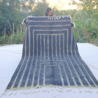 Deep blue striped Beni Ourain shag rug 6x9 ft with ivory geometric lines – handwoven Moroccan wool berber carpet