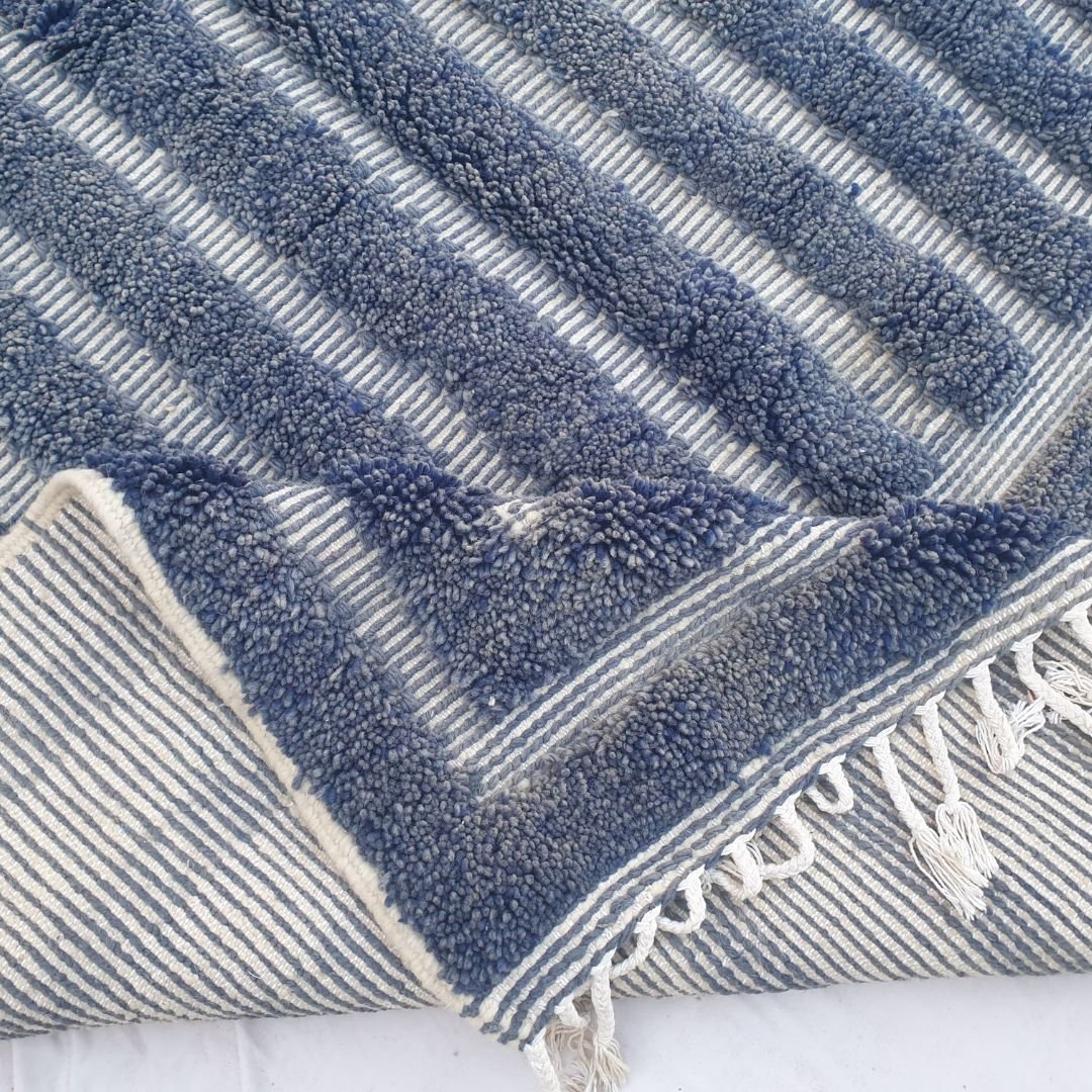 Gharza | Deep Blue Striped Beni Ourain Shag Rug 6x9 ft - Handwoven Moroccan Wool Berber Carpet for Modern Coastal Living | 6'73x9'84 Ft | 205x300 cm - OunizZ