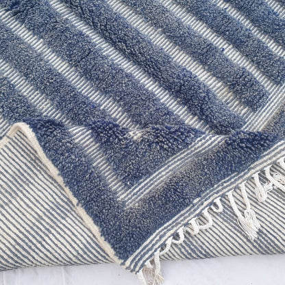 Gharza | Deep Blue Striped Beni Ourain Shag Rug 6x9 ft - Handwoven Moroccan Wool Berber Carpet for Modern Coastal Living | 6'73x9'84 Ft | 205x300 cm - OunizZ