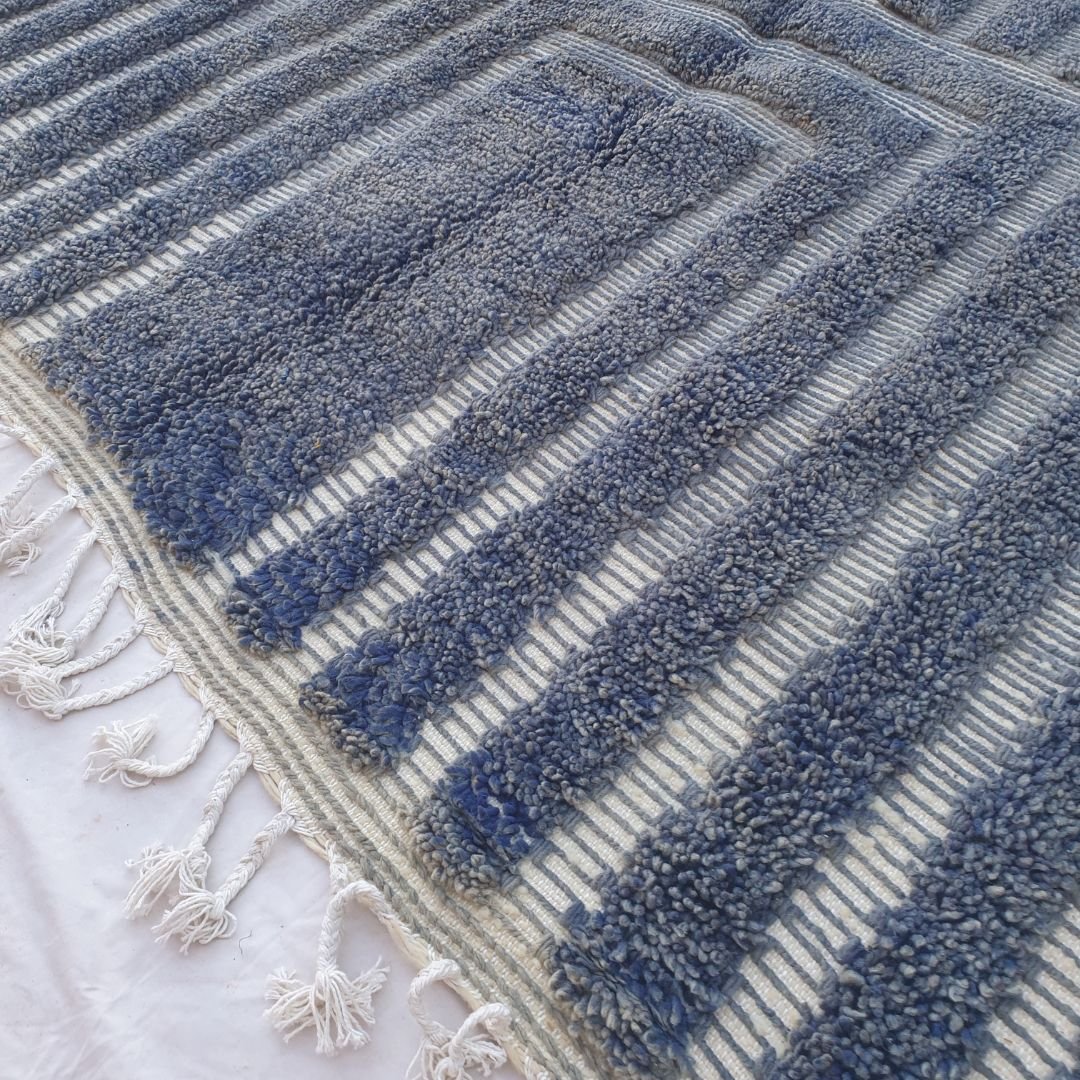 Gharza | Deep Blue Striped Beni Ourain Shag Rug 6x9 ft - Handwoven Moroccan Wool Berber Carpet for Modern Coastal Living | 6'73x9'84 Ft | 205x300 cm - OunizZ