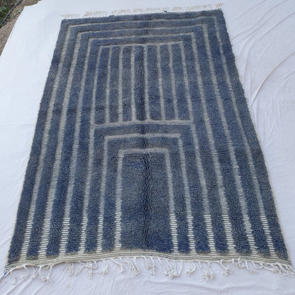 Gharza | Deep Blue Striped Beni Ourain Shag Rug 6x9 ft - Handwoven Moroccan Wool Berber Carpet for Modern Coastal Living | 6'73x9'84 Ft | 205x300 cm - OunizZ
