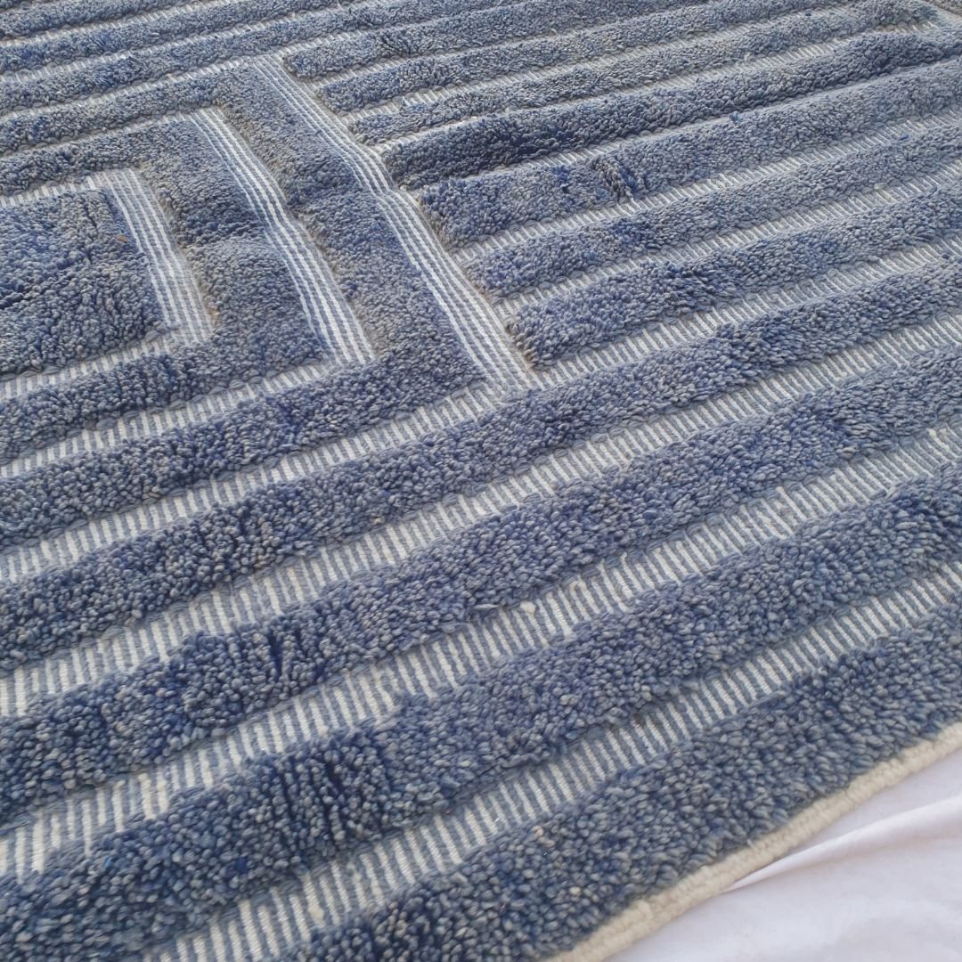 Gharza | Deep Blue Striped Beni Ourain Shag Rug 6x9 ft - Handwoven Moroccan Wool Berber Carpet for Modern Coastal Living | 6'73x9'84 Ft | 205x300 cm - OunizZ