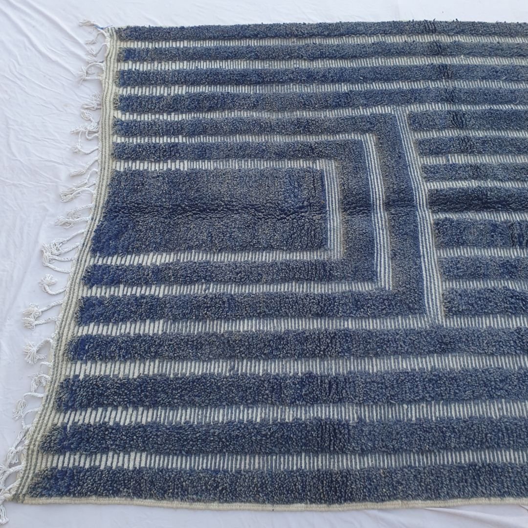 Gharza | Deep Blue Striped Beni Ourain Shag Rug 6x9 ft - Handwoven Moroccan Wool Berber Carpet for Modern Coastal Living | 6'73x9'84 Ft | 205x300 cm - OunizZ