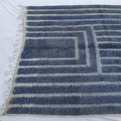 Gharza | Deep Blue Striped Beni Ourain Shag Rug 6x9 ft - Handwoven Moroccan Wool Berber Carpet for Modern Coastal Living | 6'73x9'84 Ft | 205x300 cm - OunizZ