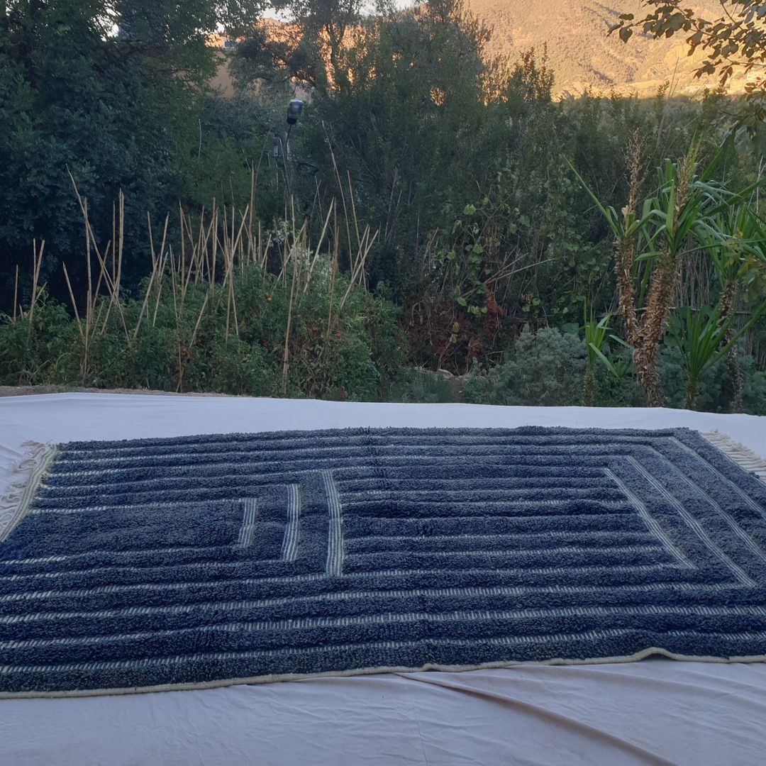 Gharza | Deep Blue Striped Beni Ourain Shag Rug 6x9 ft - Handwoven Moroccan Wool Berber Carpet for Modern Coastal Living | 6'73x9'84 Ft | 205x300 cm - OunizZ
