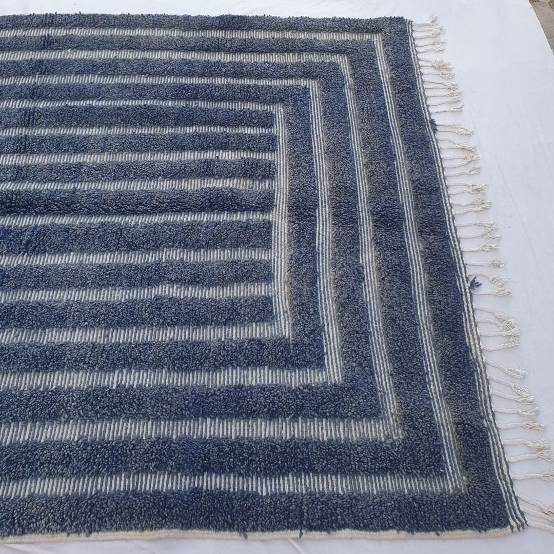 Gharza | Deep Blue Striped Beni Ourain Shag Rug 6x9 ft - Handwoven Moroccan Wool Berber Carpet for Modern Coastal Living | 6'73x9'84 Ft | 205x300 cm - OunizZ