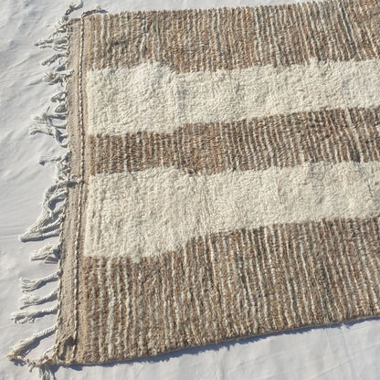 Ghida | 5x8 Beni Ourain Moroccan Rug - Soft Ivory Plush Shag with Beige Vertical Stripes Wool Berber Carpet | 5'4"x8'5" ft | 164x258 cm - OunizZ