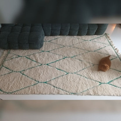 Hadil | White Moroccan rug 6x9 Authentic Ultra Soft Beni Ourain with Green Diamonds | 6'56x9'87 Ft | 200x300 cm - OunizZ