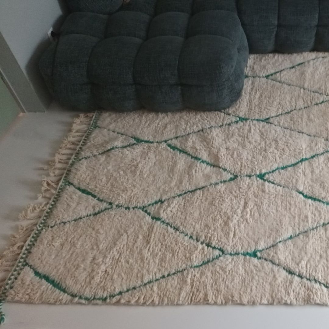Hadil | White Moroccan rug 6x9 Authentic Ultra Soft Beni Ourain with Green Diamonds | 6'56x9'87 Ft | 200x300 cm - OunizZ