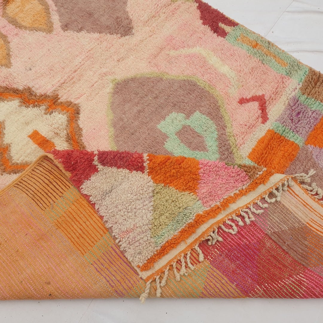 Hadita - Rose Pink Moroccan Rug with Bright Rainbow Harlequin Border - Handwoven Berber Carpet | 6'6"x9'11" Ft | 200x303 cm - OunizZ