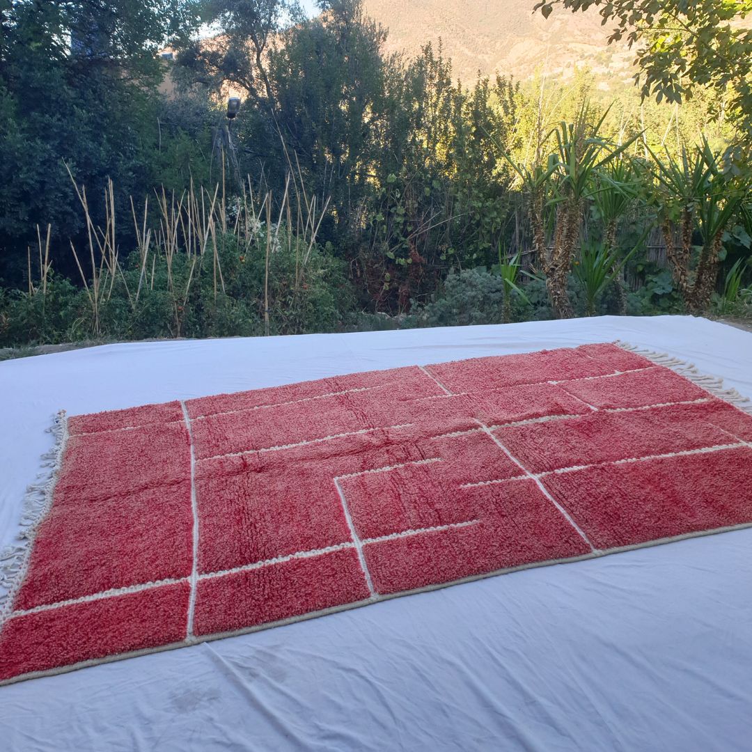 Hadrra | Bold Red Beni Ourain Geometric Shag Rug 6x9 ft - Handwoven Moroccan Wool Berber Carpet for Living Room | 6'33x9'55 Ft | 193x291 cm - OunizZ