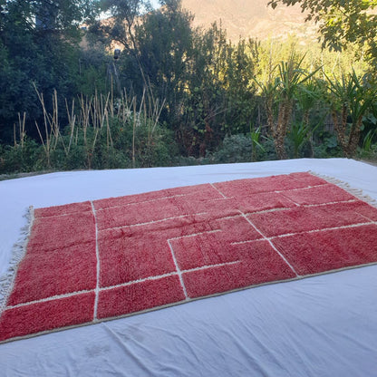 Hadrra | Bold Red Beni Ourain Geometric Shag Rug 6x9 ft - Handwoven Moroccan Wool Berber Carpet for Living Room | 6'33x9'55 Ft | 193x291 cm - OunizZ