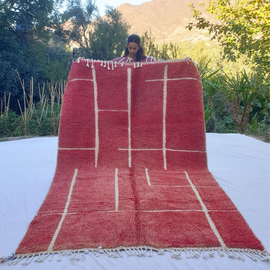 Bold red Beni Ourain shag rug 6x9 ft with white geometric grid pattern – handwoven Moroccan wool berber carpet
