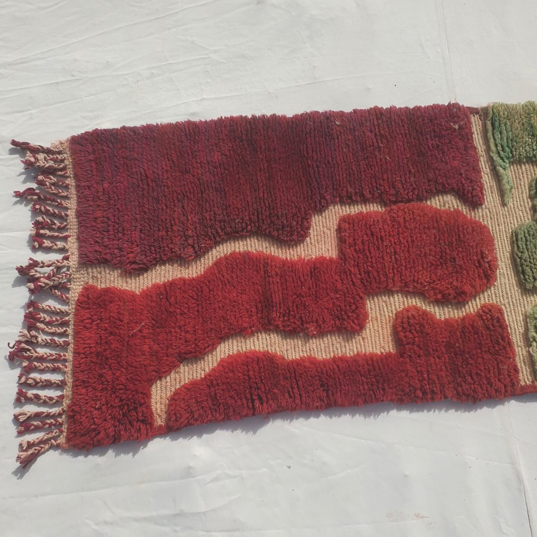 Hafatina - Beni Mrirt Runner Rug in Crimson Red and Sage Green with Wavy Colour Blocks - Handwoven Berber Carpet | 2'5"x9'7" Ft | 75x294 cm - OunizZ
